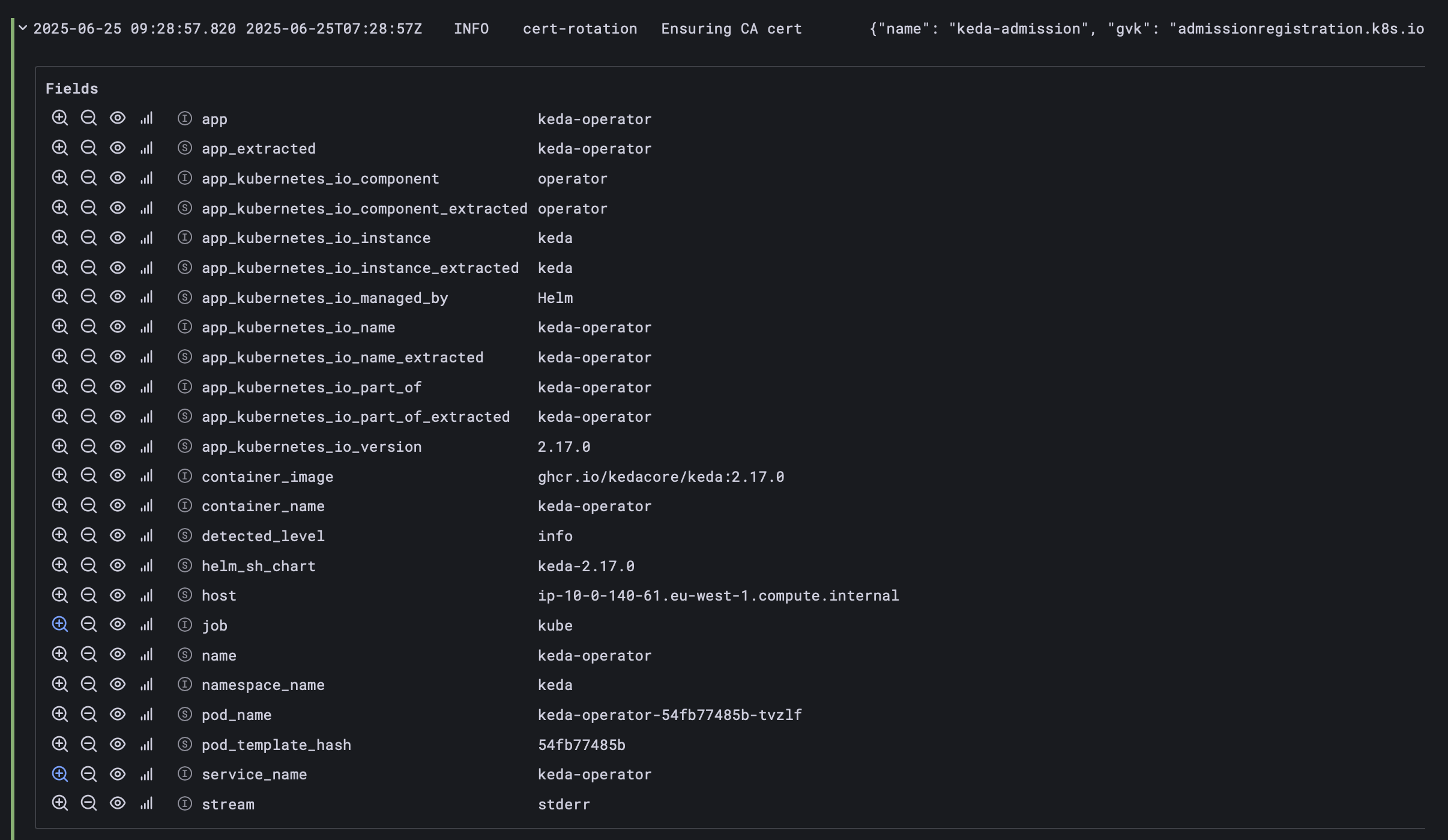 Screenshot of Loki indexed labels and structured metadata