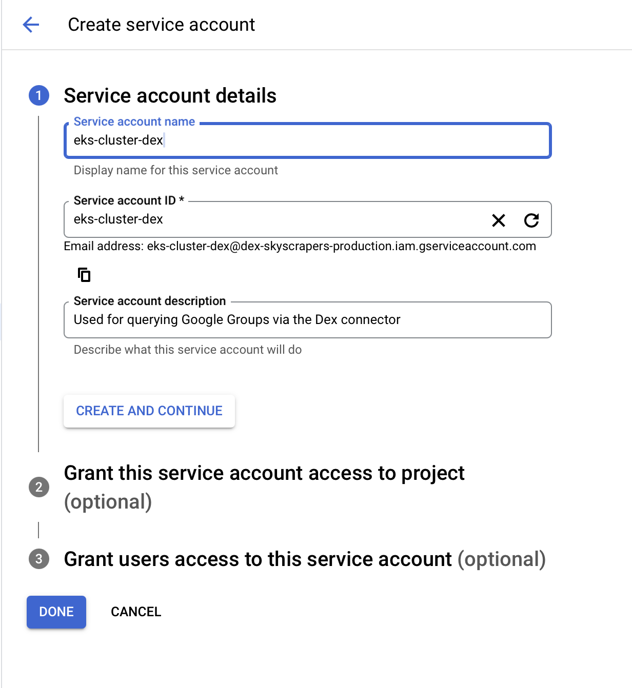 Google create a service account