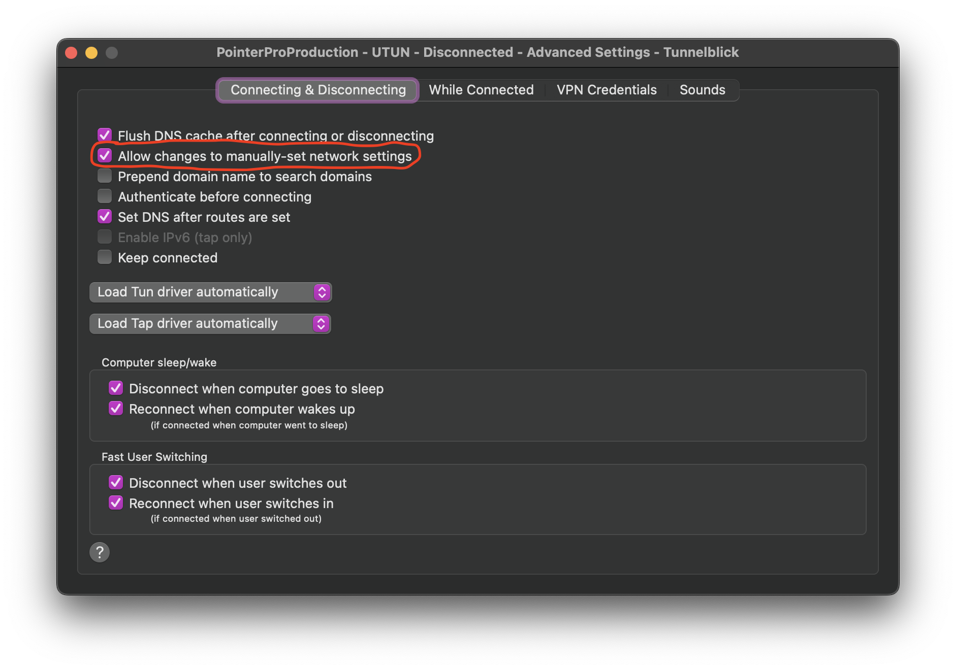 Tunnelblick Allow changes to manually-set network settings